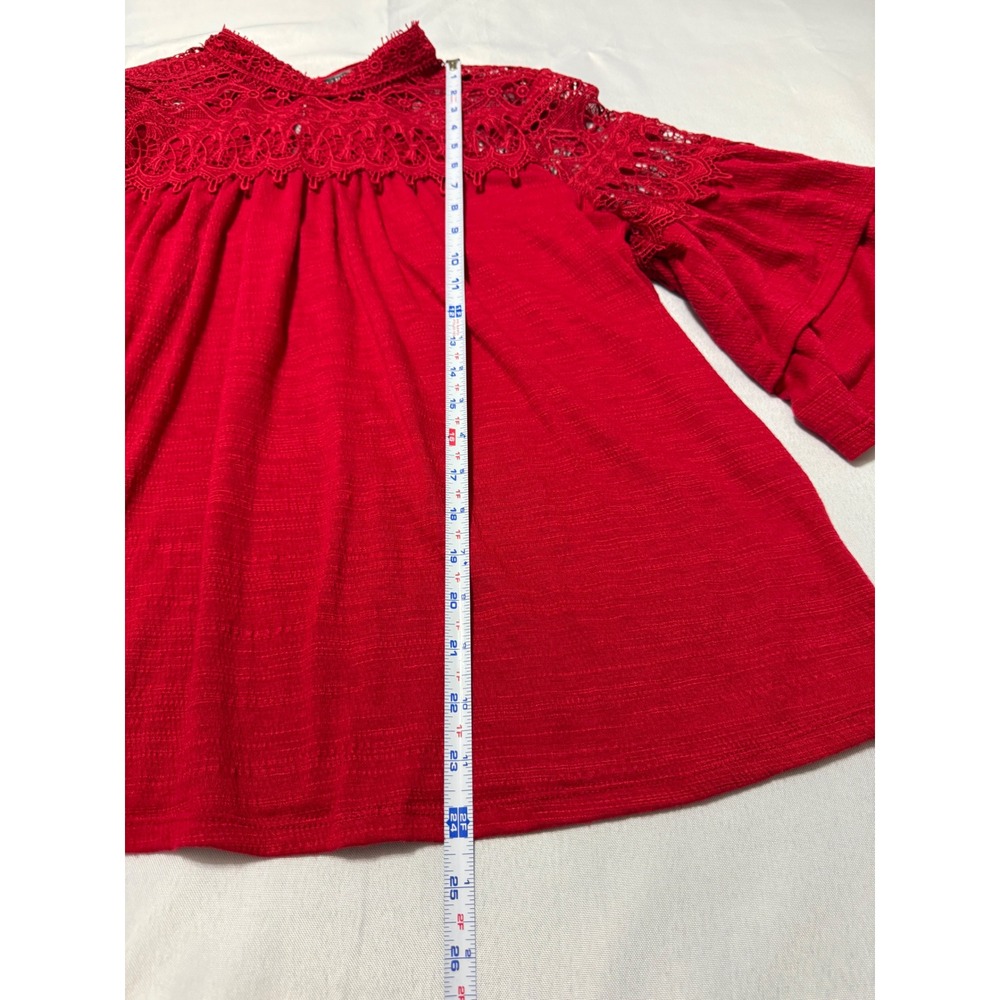 Hannah Red Crochet Lace Yoke Tiered Bell Sleeve Blouse Top L Boho Hippie Chic - Picture 2 of 6